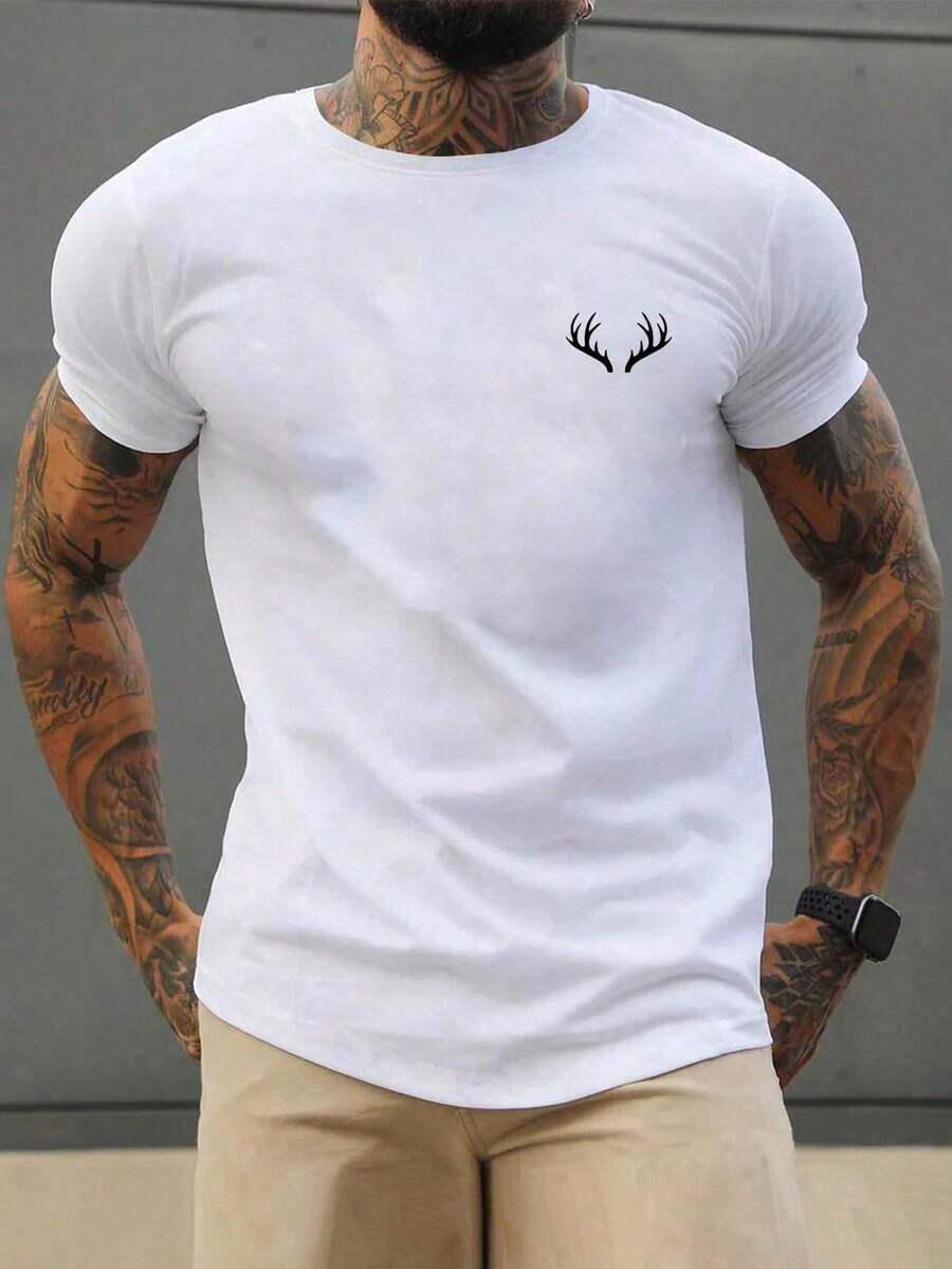 ZIVRE Men's Casual Commuter T-Shirt With Deer Head Pattern, Crew Neck - Weiss - View 1