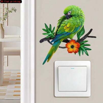 1pc 2D Flat Printed Green Parrot Switch Sticker, Tropical Bird & Floral PVC Decal, For Home Bedroom Living Room Office Decor Switch Sticker