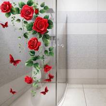 1pc Red Rose Vine Glass Sticker, Butterfly Floral PVC Glass Sticker, Suitable For Bathroom And Bedroom Glass Decor Window Sticker - Rose, Green Leaf, Butterfly - View 3