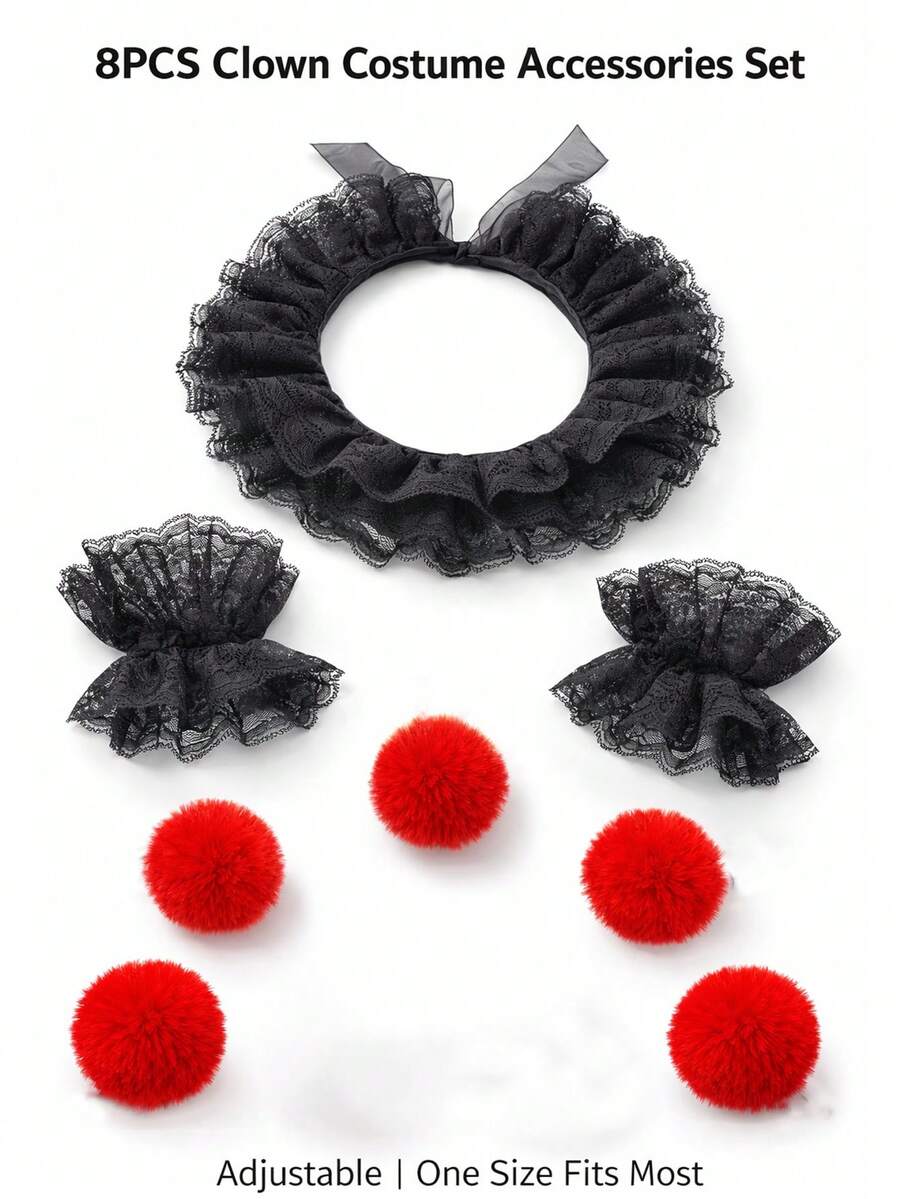 Xiacheng 1/8件套小丑服装配饰蕾丝领口荷叶边袖口红色绒球女士万圣节小丑装扮角色扮演 - 白色 - 查看 1