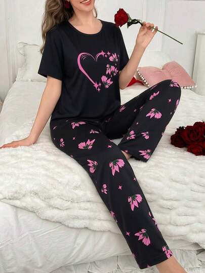 Conjunto de pijama para mujer de dos piezas, manga corta, estampado de mariposas y corazón, ideal para dormir