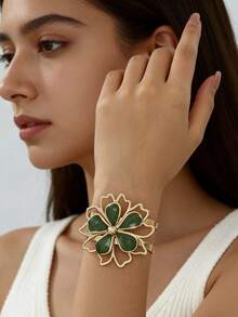1 pièce/set Élégant rafraîchissant doux bijoux en émail à goutte de fleur de marguerite, comprenant boucles d'oreilles, collier, bague, bracelet. Bijoux floraux dorés à la mode, convient pour les femmes à porter lors de banquets, de fêtes et d'occasions quotidiennes - Vert - Voir 3