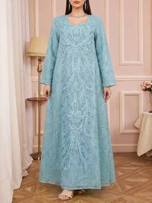 Solessence Women's Elegant Embroidered Collar Long Sleeve Maxi Kaftan Dress, Heavily Embellished With Sequins, Suitable For Banquet And Date Occasions - Blue - View 1