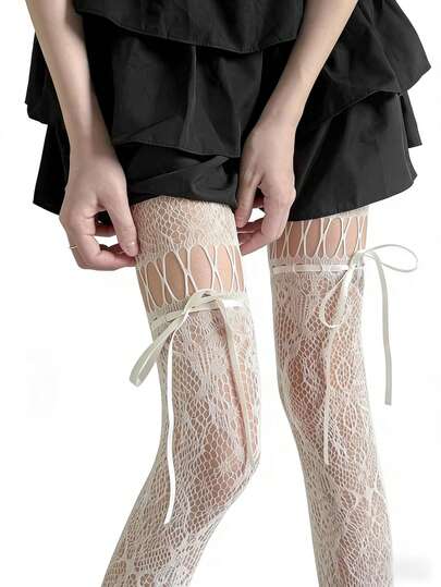 1双 - 春夏镂空蕾丝蝴蝶结渔网袜，性感Y2K风格吊带连裤袜，复古日式抽绳网袜