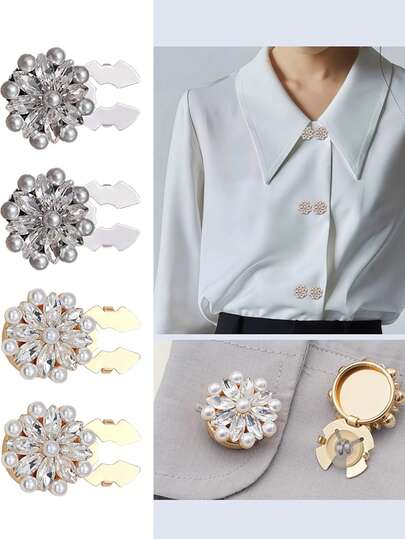 4pcs Women Pearl Shiny Button Set, Decorative Crystal Shirt Clips, Minimalist Fashion Detachable Shirt Jewelry Clips, Suitable For Crafts, DIY, Women Or Men Shirts, Tops, Dresses