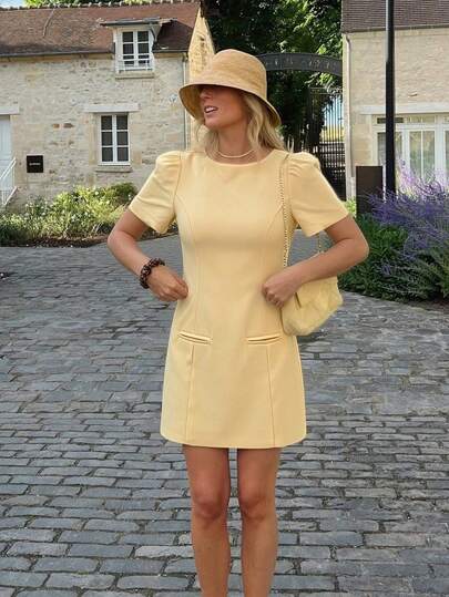 Vestido de línea A con cuello redondo y mangas de pétalo de cintura alta para mujer, vestido de noche elegante negro de verano