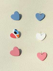 3 Pairs Romantic Cute Heart Shaped Acrylic Earrings With Girl Blue & Pink Printed Pattern, Ceramic Texture - Multicolor - View 6