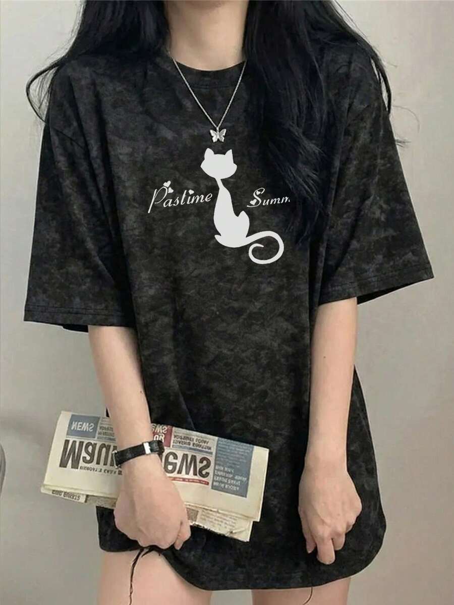 Áo thun nữ tay ngắn cổ tròn dáng rộng kiểu Nhật, thời trang, đa năng, in chữ và nhuộm tie-dye, thích hợp cho mùa xuân/hè. - màu đen - Xem 1