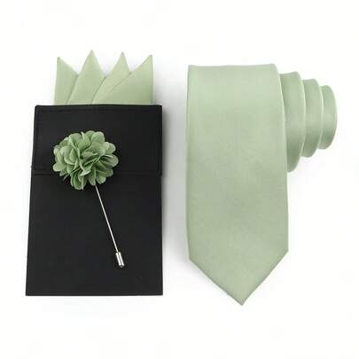 ZONFAZ 男士纯色商务时尚缎面领带三件套，直插式口袋巾，胸针西装套装，适合男士婚礼、派对、活动着装