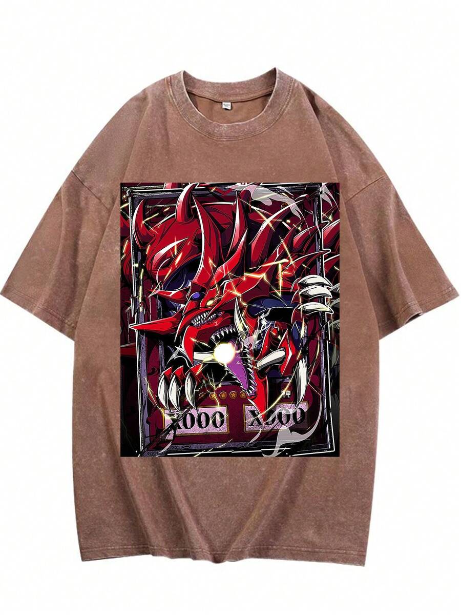 Retro Distressed Yu-Gi Printed T-Shirt - Japanese Anime Style With Yugi Mutou And Monster Designs Including The Three Egyptian God Cards, Loose-Fitting Streetwear Anime T-Shirt, Unisex, Relaxed Fit, Skin-Friendly And Comfortable, Suitable For Outdoor Activities And Daily Wear, Dropped Shoulder Crew Neck Pullover, Heavy-Weight Washed And Distressed Short-Sleeved T-Shirt, Street Style, Fashionable And Versatile, Comfortable And Breathable, Youthful And Energetic, Vintage Washed Effect. - 咖啡棕 - 查看 1