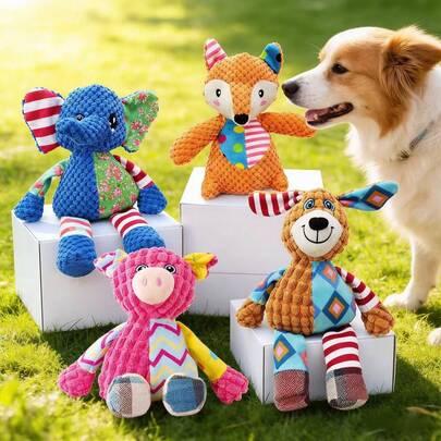 Colorful Squeaky Plush Dog Toys - Cute Pig/Fox/Elephant/Dog Stuffed Pet Toys For Small Medium Large Dogs, Durable Chew Toys For Puppy Teething, Interactive Dog Gifts