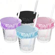 3pcs Polyester Fiber Beverage Lid With Straw Hole, Reusable, Protects Party Drinks, Elastic Cocktail Cup Mouth Cover, No Need For Electricity - Multicolor - View 6