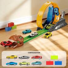 6件套恐龙主题车辆模型玩具套装，带360°轨道，STEM益智拼装玩具，赛车玩具，儿童拼图场景套装，包装精美，是送给孩子的理想日常礼物 - 彩色 - 查看 4