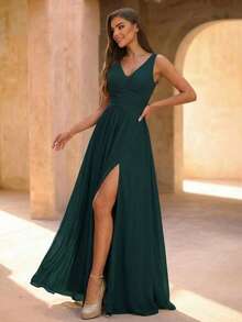 女士露背深V领无袖长款伴娘礼服，高开衩设计，完美适用于婚礼 - 墨綠色 - 查看 3