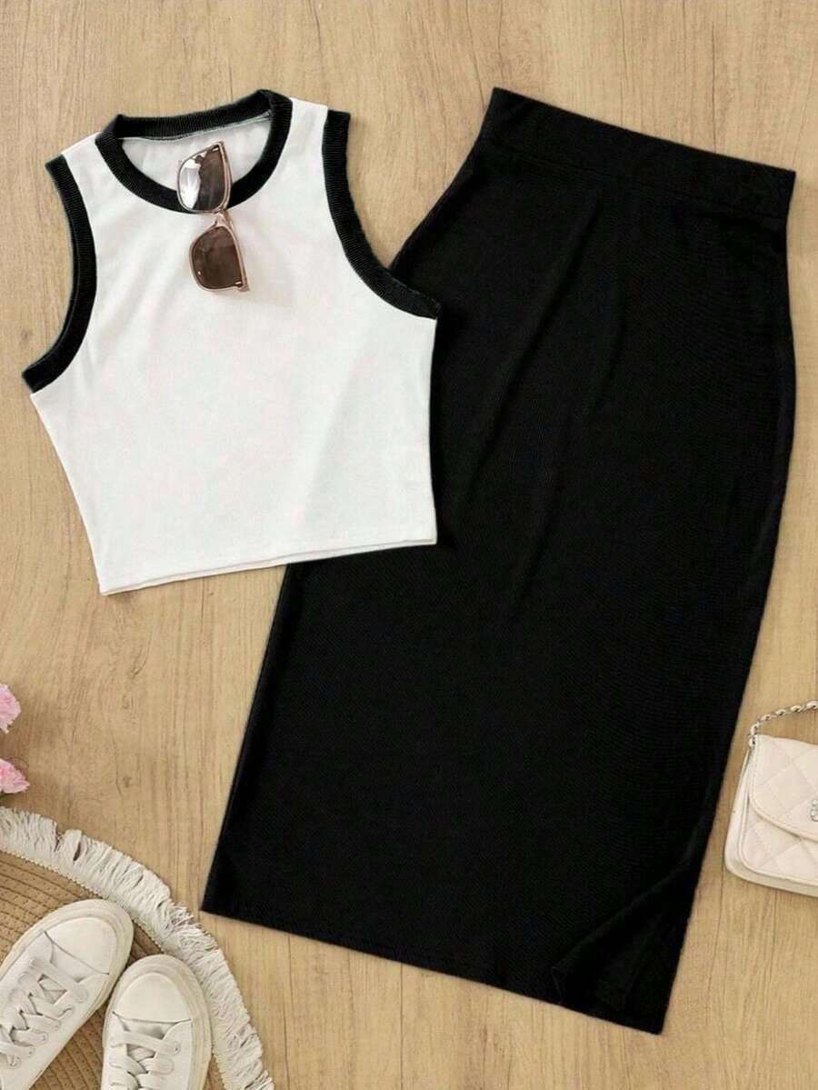 Conjunto de 2 piezas de camiseta sin mangas y falda larga de unicolor con ribete de contraste en estilo vintage elegante para resort, primavera/verano - Blanco y Negro - Ver 1