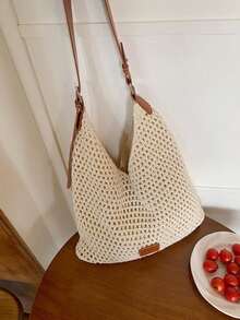 2025 New Hollow Out One Shoulder Woven Beach Bag, Large Capacity Commuter Tote Bag For Vacation - Beige - View 4