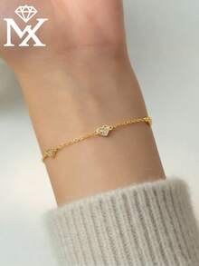 SYMFNY 925 Sterling Silver Minimalist Ins-Style Smooth Texture Pave Diamond Shiny Heart-Shaped Bracelet, Romantic Thoughtful Practical Niche Exquisite Jewelry Gift For Girlfriend, Valentine's Day, Anniversary - Bracelet - View 1