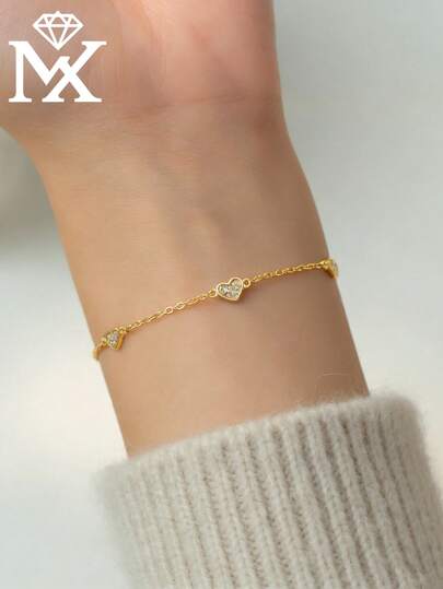 SYMFNY 925 Sterling Silver Minimalist Ins-Style Smooth Texture Pave Diamond Shiny Heart-Shaped Bracelet, Romantic Thoughtful Practical Niche Exquisite Jewelry Gift For Girlfriend, Valentine's Day, Anniversary