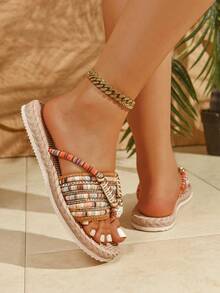 1 Đôi sandal đế bệt họa tiết hoa Paisley phong cách boho đính hạt kim loại, thời trang nghỉ dưỡng nhiệt đới, món quà mùa hè hoàn hảo - trái cam - Xem 5