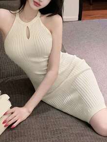 New Hollow Out Knitted Halter Neck Bodycon Dress For Women, Slim Fit Waist, Mini Skirt, Spring/Summer - Apricot - View 1