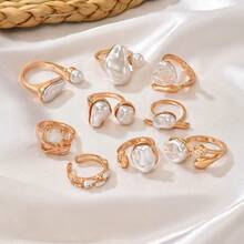 9 Pieces Open Pearl Ring Personalized Light Luxury Baroque Geometric Finger Ring For Women Daily Wear - Multicolor - View 6