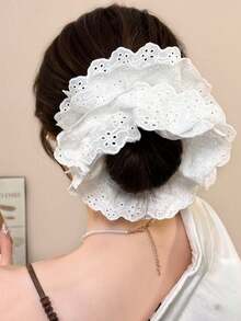 1pc Women's Extra Large 18cm/7.09in Pure Silk Solid Color 4-Layer Lace Pleated Scrunchie Hair Accessory, Fashionable Versatile Elegant Minimalist Scrunchie Hair Tie, Suitable For Daily Casual, Party, Commute, Vacation, Ponytail, Bun, Face Washing, Makeup, Outfit Matching Scrunchy Hair Ties - White - View 2