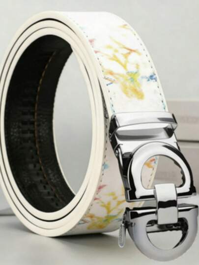 男士纹理腰带 – 优质 PU 皮革，白色缝线，自动扣，有金色/银色/黑色饰面可选，可调节且经久耐用，适合商务和休闲场合穿着，是父亲节、周年纪念日和特殊场合的理想礼物。