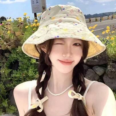 Fashionable Small Floral Print Bucket Hat For Women, Cute, Stylish And Versatile, Double-Sided Floral Pattern Design