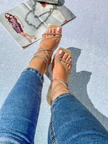 Women's Rhinestone Heeled Sandal With Tie - Sparkly - Elegant / Party - Apricot - View 4