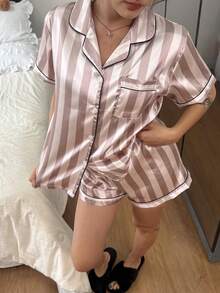 Dreamivo 灰色条纹真丝女士短袖短裤睡衣套装，家居服 - 淺灰色 - 查看 4
