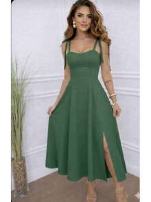 Elegant Women's Dress With Built-In Bra Cups And Shoulder Tie. - Lá xanh - Xem 1