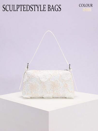 1pc White Floral Applique Mesh Patchwork Linen Baguette Bag, High-Quality Casual Shoulder/Underarm Bag, Suitable For Pairing With Long Dresses And Beach Outfits (Floral Pattern Placement Randomly Cut)