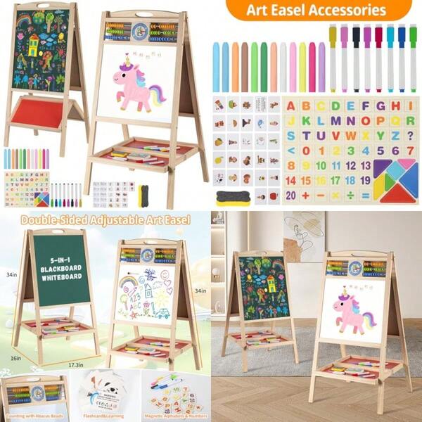 Wooden Easel With Abacus Double Sided Magnetic Drawing Board Dry Erase Whiteboard Chalkboard Foldable Easel For Toddlers 2-4 Years Painting Easel 3-6