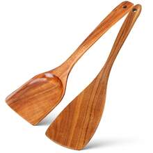 AIUHI 2件套天然木制烹饪铲，厨房用具套装，带舒适手柄 - 棕色 - 查看 1