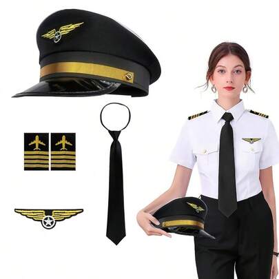 四件套性感女飞行员/空姐服装套装，包括帽子、纯色领带、飞机图案肩章和徽章。这套完美的空姐主题服装男女皆宜，是参加时尚派对的理想之选。夏季派对机长服装配饰