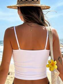 Women's Manta Ray Print Slim Fit Cropped Camisole, Ladies' Casual Sleeveless Tank Top For Beach Vacation - Black - View 2