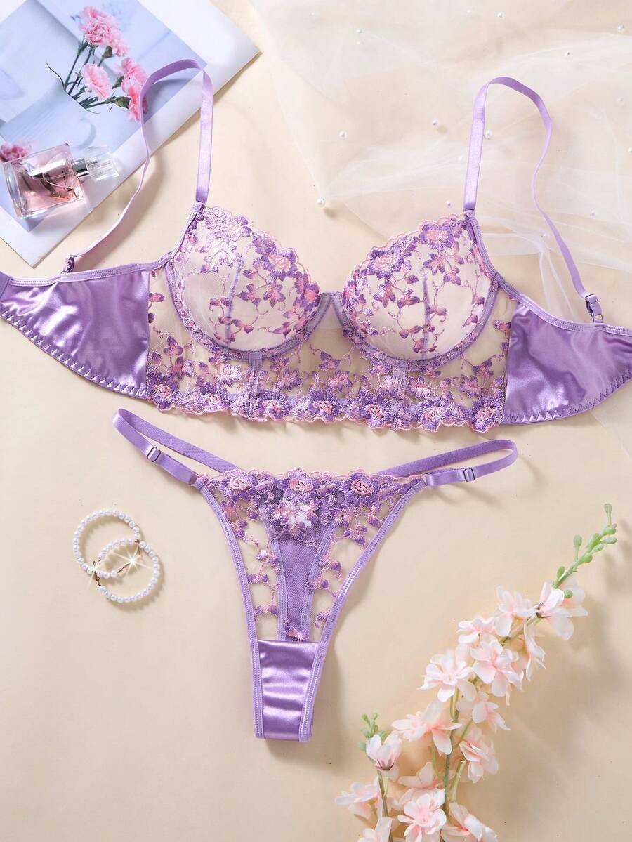 一套两件紫色刺绣花卉日常女士内衣套装，舒适优雅的可调节肩带文胸和丁字裤，居家休闲内衣。 - 紫色 - 查看 1