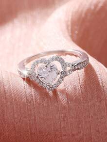 1pc Elegant Sparkling Heart-Shaped Cubic Zirconia Ring - Sweet & Romantic Design, Suitable For Birthday, Anniversary, Wedding And Special Occasions, Anniversary Gift - Silver - View 3