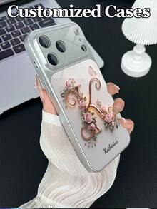 1pc Customizable Text & Letter Design With Pink Rose, Butterfly & Floral Decor, Tempered Glass Material Phone Case Suitable For IPhone 17 ProMax/17 Air/15/16 Pro/14 Plus/13 Pro/12 Pro Max/11, Tempered Glass Camera Protection, Tempered Glass Back Cover, Large Viewing Window Phone Protective Case, Best Gift For Friends And Family - Silver - View 5