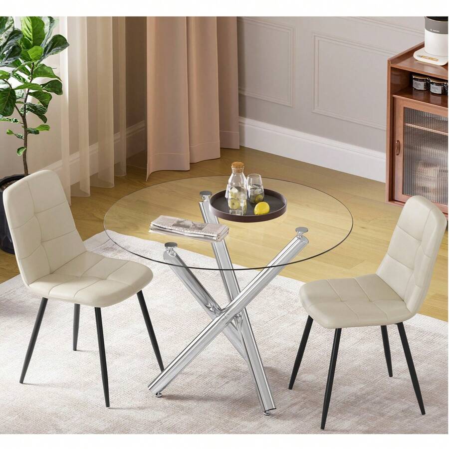 Dining Table And Chairs Set Of 4, Round Dining Table With Performance Fabric Chairs For Dining Room,Kitchen,Living Room