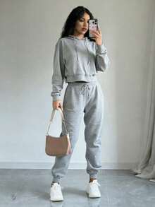 Conjunto deportivo de pants con sudader de manga larga con cordones con abertura en la parte de adelante - Gris - Ver 4