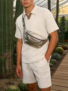 Bộ áo polo và quần short nam bằng vải jacquard có họa tiết, thích hợp mặc đi làm và đi nghỉ mát. - Màu be - Xem 2