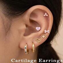 10对装低过敏性平底耳环，镀金镀银医用钢材质，小巧耳钉/耳环，蝴蝶结/花朵/爱心/蝴蝶结/粉色锆石叠戴耳骨耳环套装，20G，10毫米 - 金色 - 查看 4