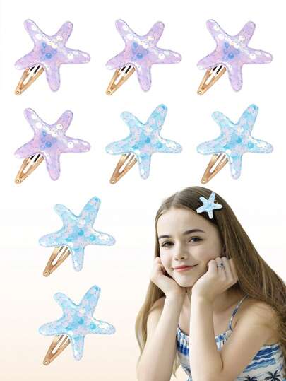 8pcs Mermaid Hair Clips Set, Shiny Sequin Starfish & Alligator Hair Clips, Suitable For Halloween Costume Party, Drama Performance, Cosplay, Makeup Decoration - Purple And Blue