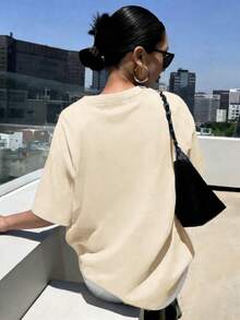 可愛女款針織面料短袖T恤，奶油色圓領上衣，適合夏季休閒穿著與度假，戶外 - 杏色 - 查看 2