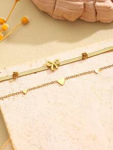 2 piezas Elegante pulsera de acero inoxidable de doble capa con lazo, accesorio minimalista y versátil para mujeres, adecuado para uso diario y fiestas, un gran regalo para amigos - Amarillo Oro - Ver 4