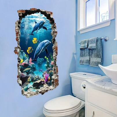 1 miếng dán tường hình cá heo phong cách đại dương, san hô dưới nước, sinh vật biển, decal dán tường PVC, trang trí phòng tắm.