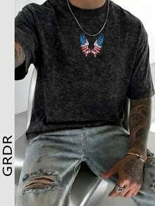 GRDR 男士复古美式水洗印花圆领美国国旗图案动物短袖T恤，适合夏季穿着 - 黑色 - 查看 2