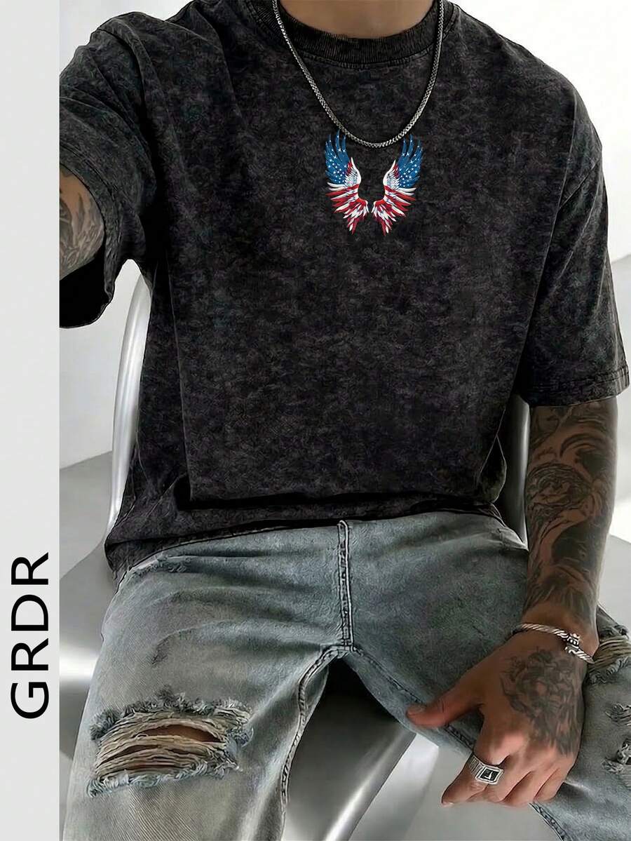 GRDR Áo thun nam tay ngắn cổ tròn in họa tiết cờ Mỹ, hình cánh chim và động vật, phong cách retro Mỹ, thích hợp mặc mùa hè. - màu đen - Xem 1