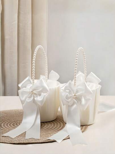 1pc/2pcs Bow Tie Faux Pearl Wedding Flower Basket - White Bow Flower Basket, Satin Flower Basket, Suitable For Wedding Party Decor, New Year Gift, Decorative Gift, Back To School Gift